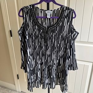 Catherines Plus Size Black/White Pleated Bejeweled Striped Open Shoulder Top 2X